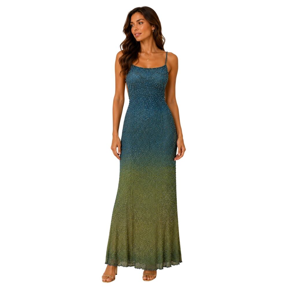 Mia Bella Silk Beaded Ombre Low Back Maxi Dress Blue Green Women's Size M